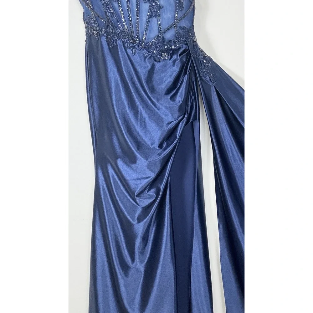 Stacey's Navy Satin Blue Beaded Off The Shoulder Prom Dress W/ Dramatic Slit Med